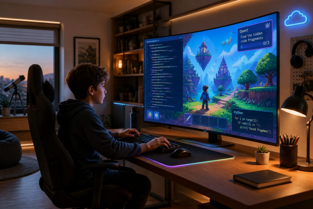 Jeune codeur dans un monde virtuel