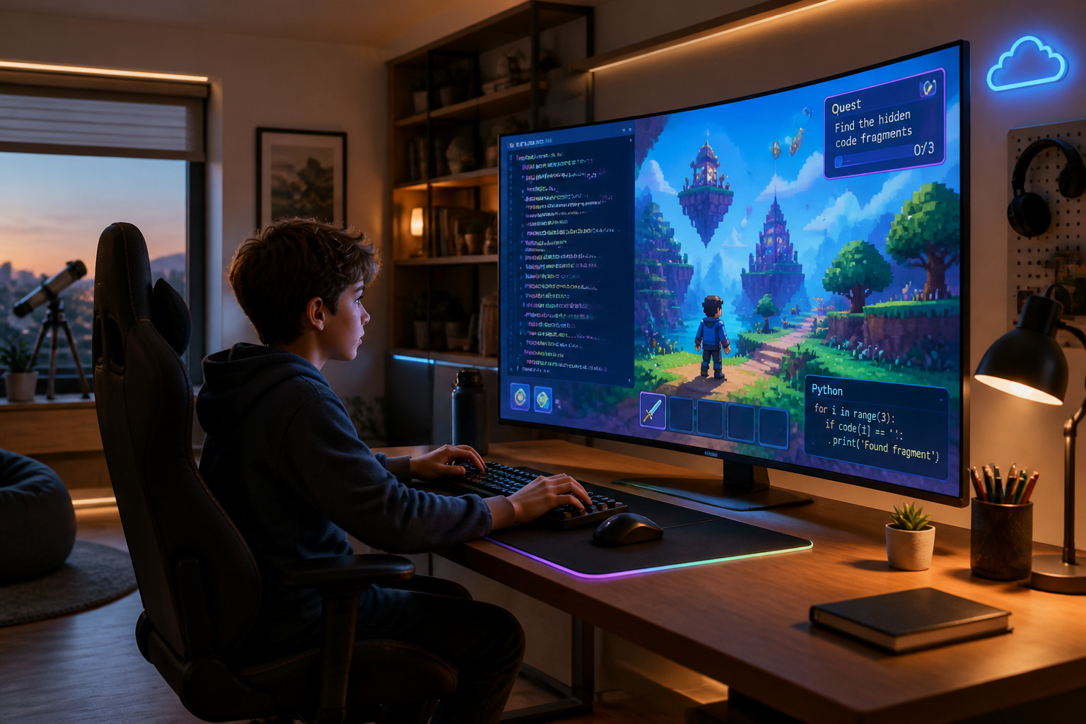 Jeune codeur dans un monde virtuel