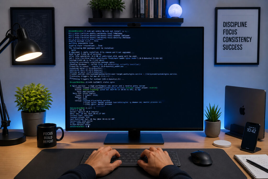 Espace de travail moderne avec ecran et terminal