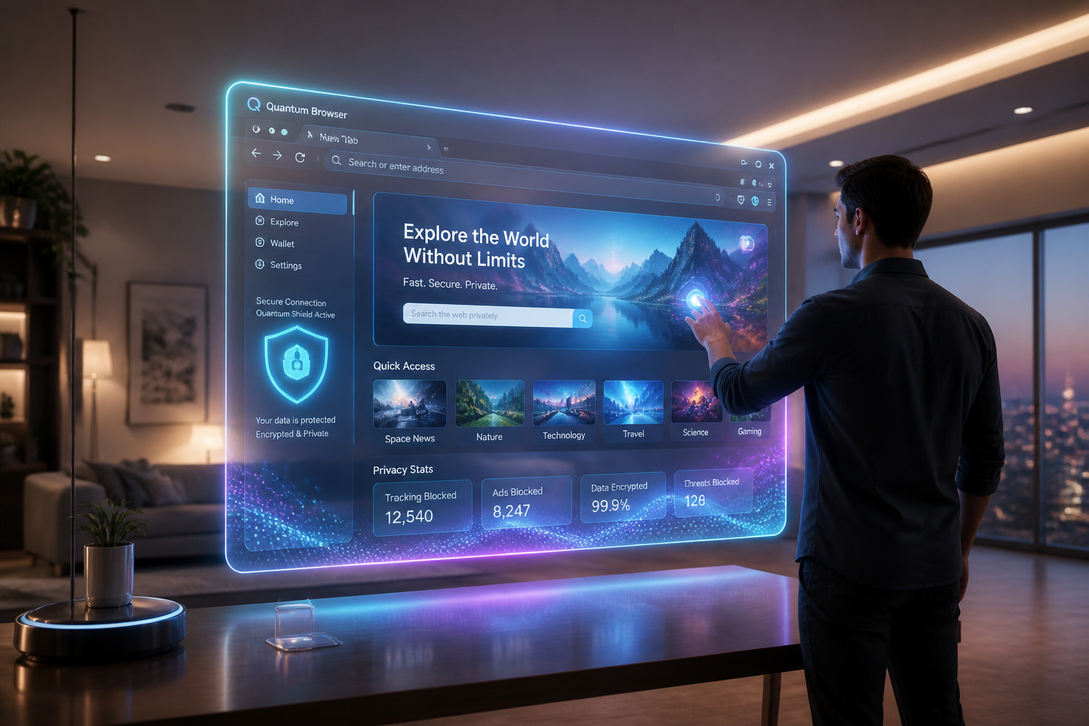 Interface navigateur holographique futuriste